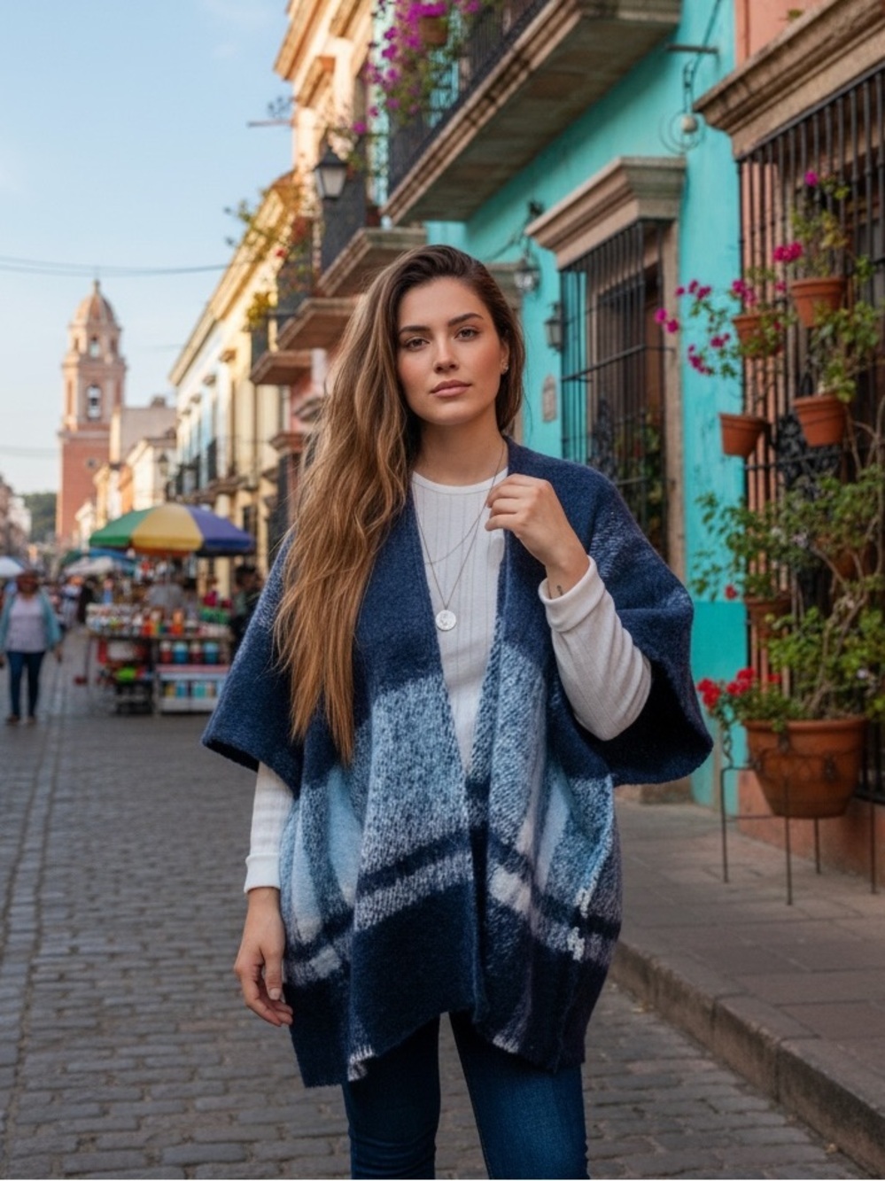 Aerie plaid poncho navy blue os one size